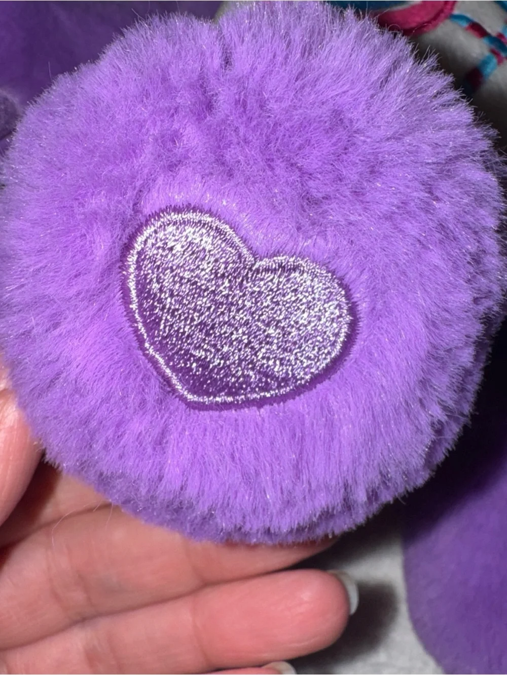Care Bears Purple Plush with Pink & Blue Heart Lollipop Belly Badge